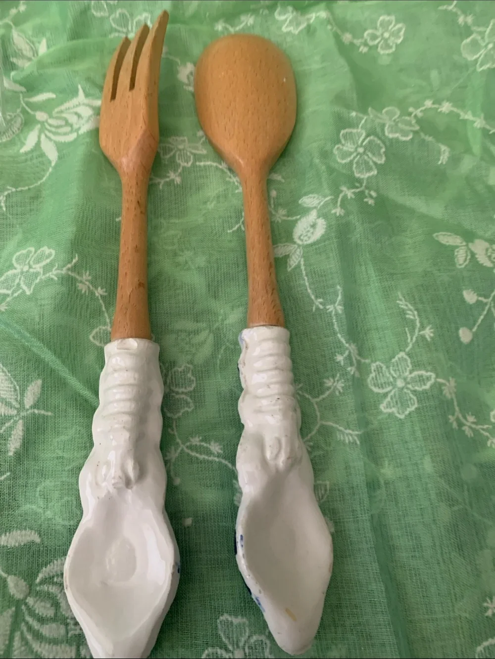 Blue and White Floral Wooden Spoon and fork